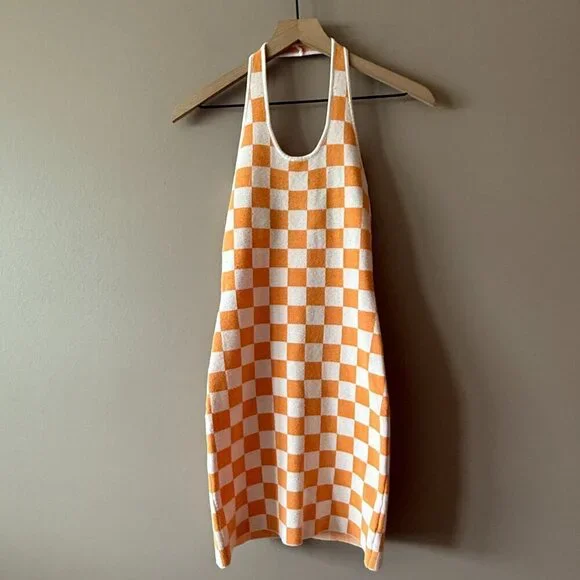 Women's XS/S Princess Polly Orange Checkmate Print Halter Bodycon Knit Mini - Picture 3 of 8